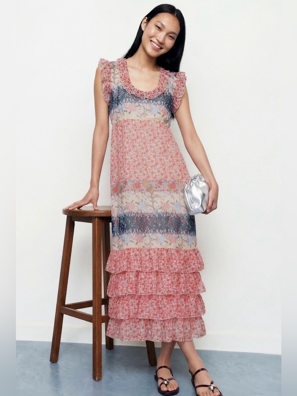 Anna Sui~Pink and Blue Paisley Garden Border Tiered Maxi Dress~Size 4~$598~